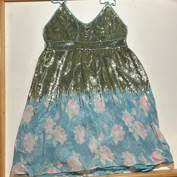 Manoush Gold Sequins Blue Floral Zip Up Dress Sz M C6 - Picture 1 of 5